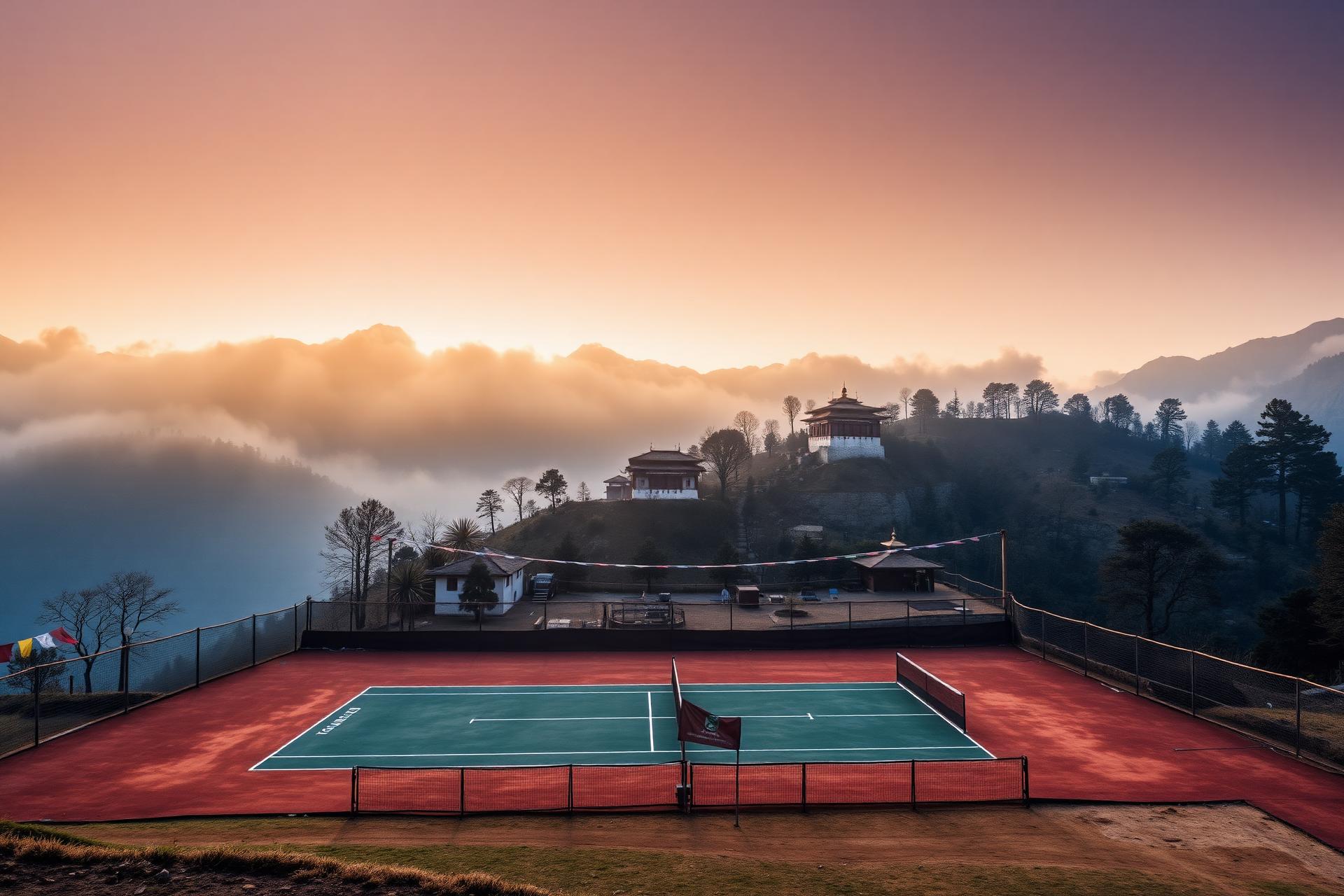 Tennis court in the Bhutanese mountains at sunrise